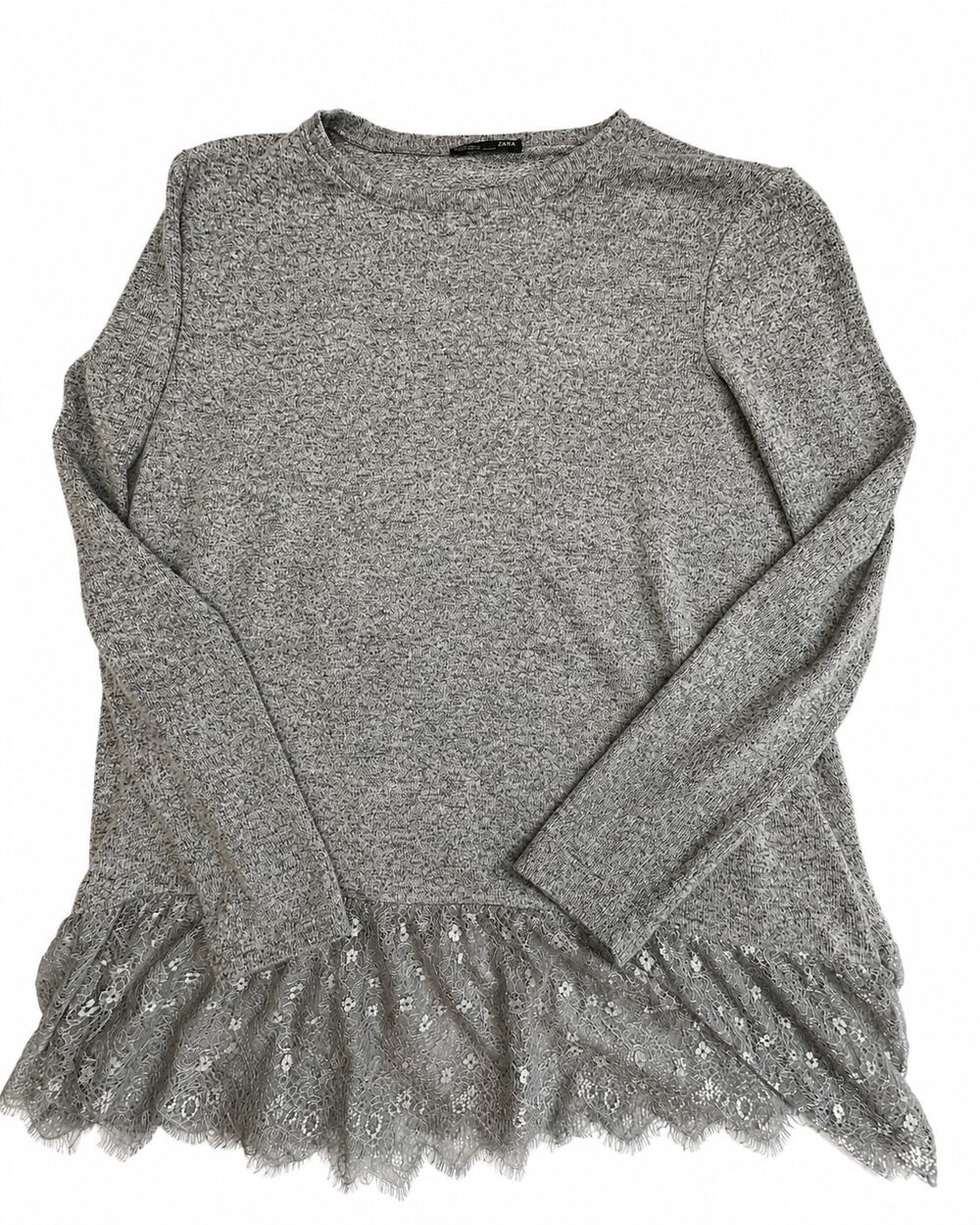 Zara Collection Women’s S Gray Heather Lace Ruffle Hem Long Sleeve Sweater